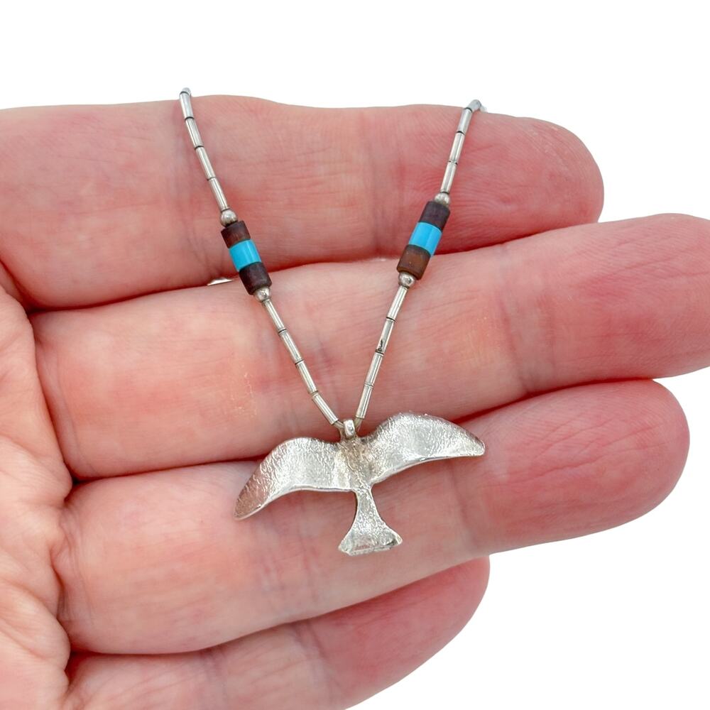 Vintage Sterling Liquid Silver 925 Turquoise Wood Bird Heishi Necklace 16.5"